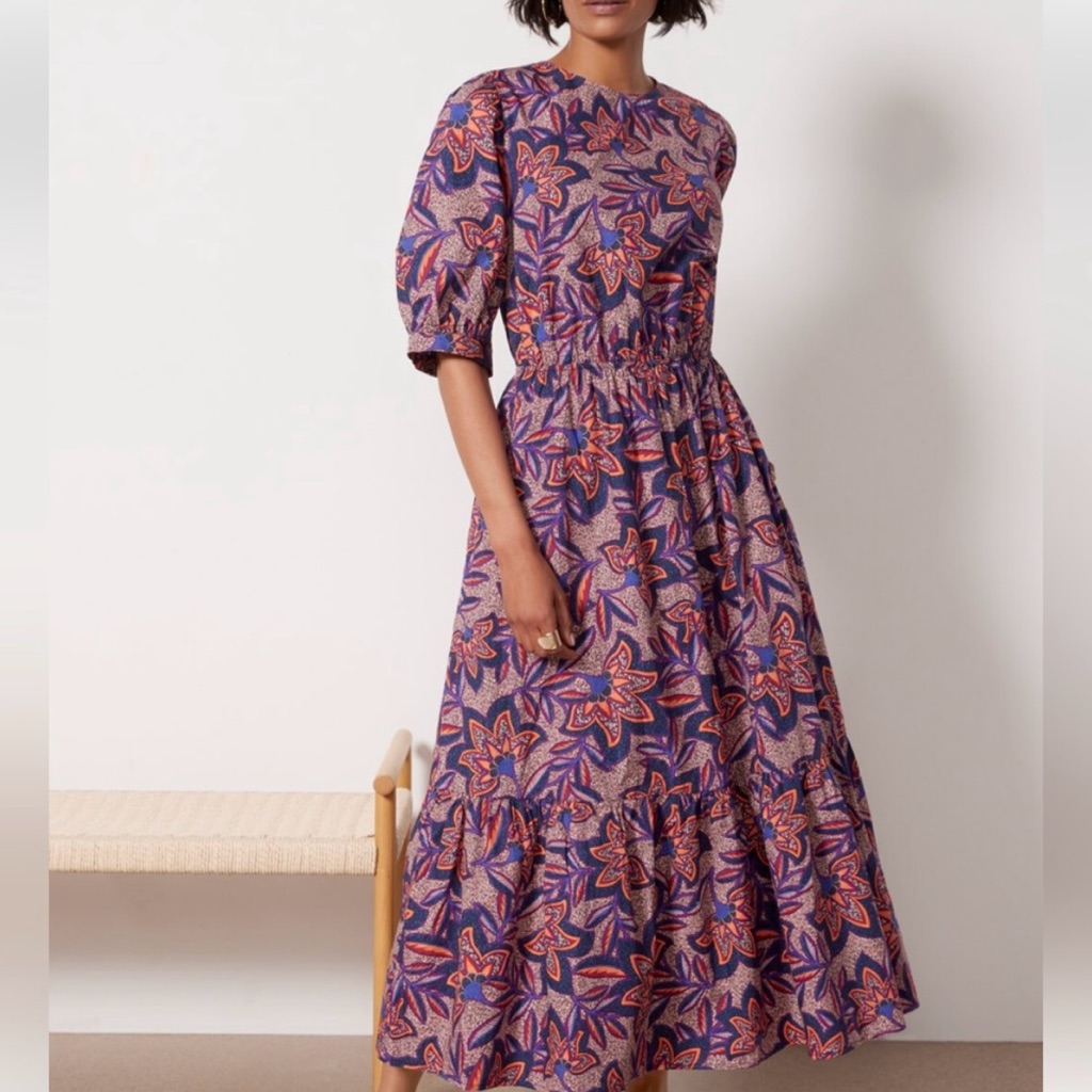 Evereve Noelle Open Back Floral Maxi Dress Size S Puff Sleeve Cotton